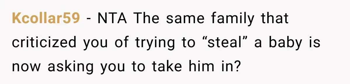 Kcollar59 − NTA The same family that criticized you of trying to “steal” a baby is now asking you to take him in?
