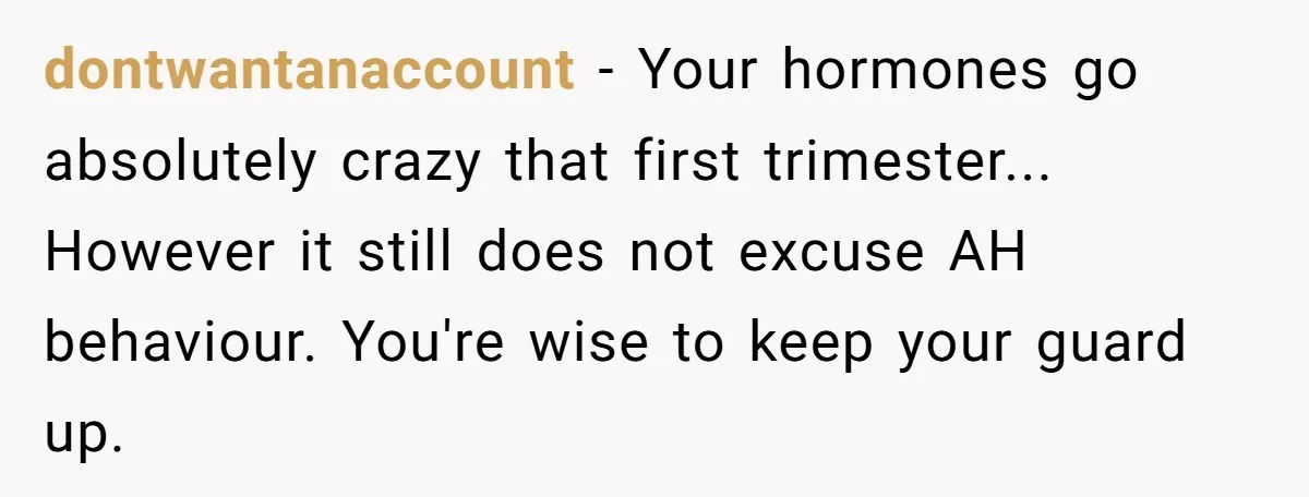 dontwantanaccount - Your hormones go absolutely crazy that first trimester... However it still does not excuse AH behaviour. You're wise to keep your guard up.
