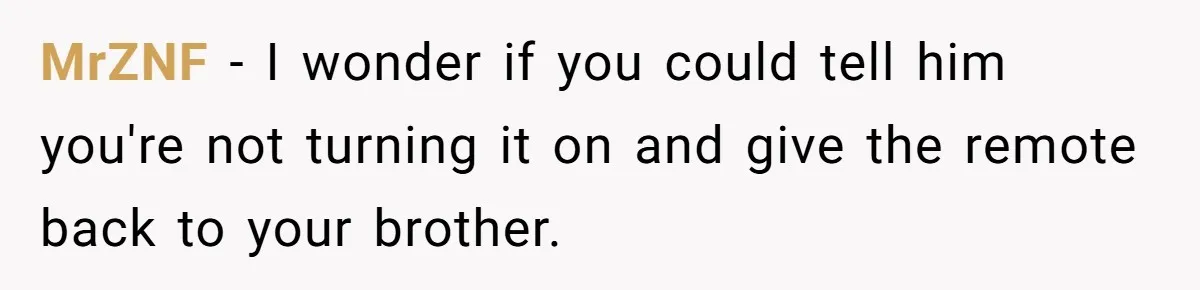 MrZNF − I wonder if you could tell him you're not turning it on and give the remote back to your brother.