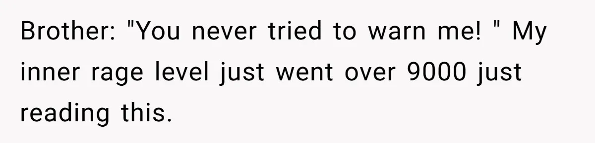 Brother: "You never tried to warn me! " My inner rage level just went over 9000 just reading this.