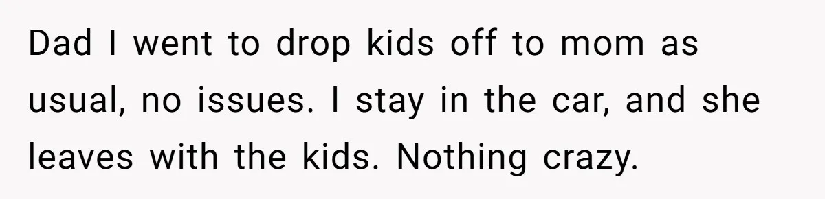 Dad I went to drop kids off to mom as usual, no issues. I stay in the car, and she leaves with the kids. Nothing crazy.