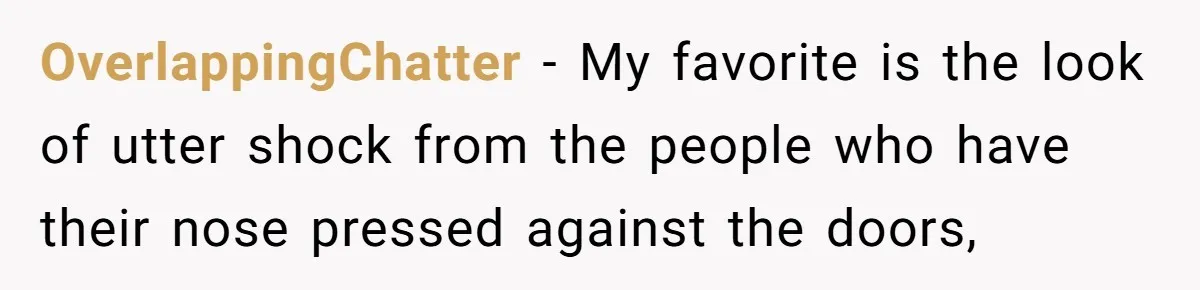 OverlappingChatter − My favorite is the look of utter shock from the people who have their nose pressed against the doors,