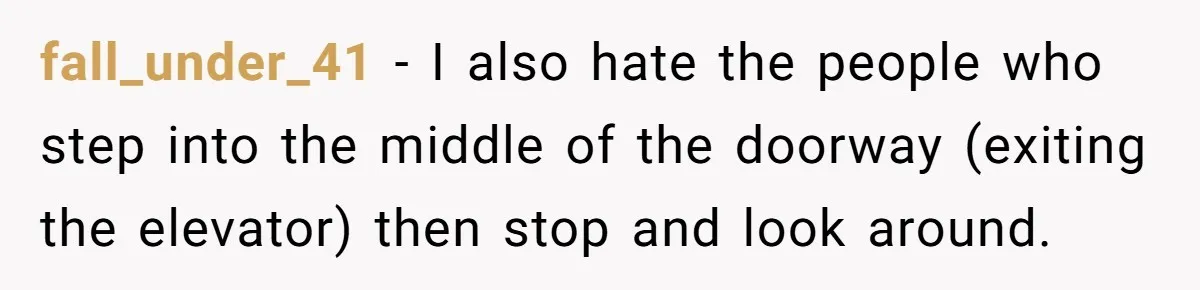 fall_under_41 − I also hate the people who step into the middle of the doorway (exiting the elevator) then stop and look around.