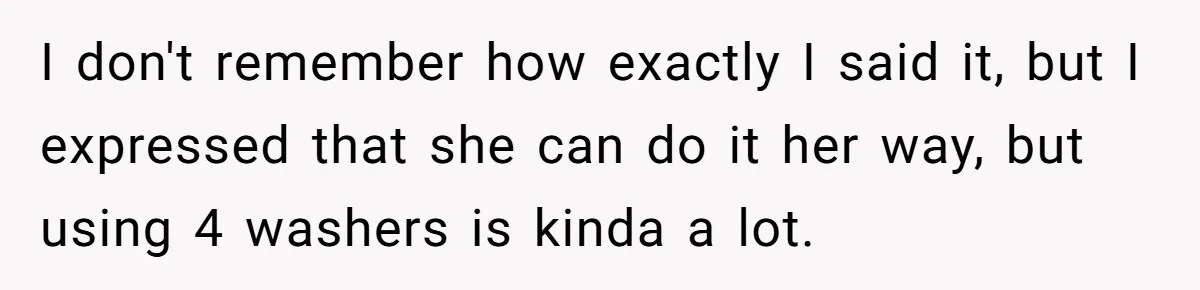 I don't remember how exactly I said it, but I expressed that she can do it her way, but using 4 washers is kinda a lot.