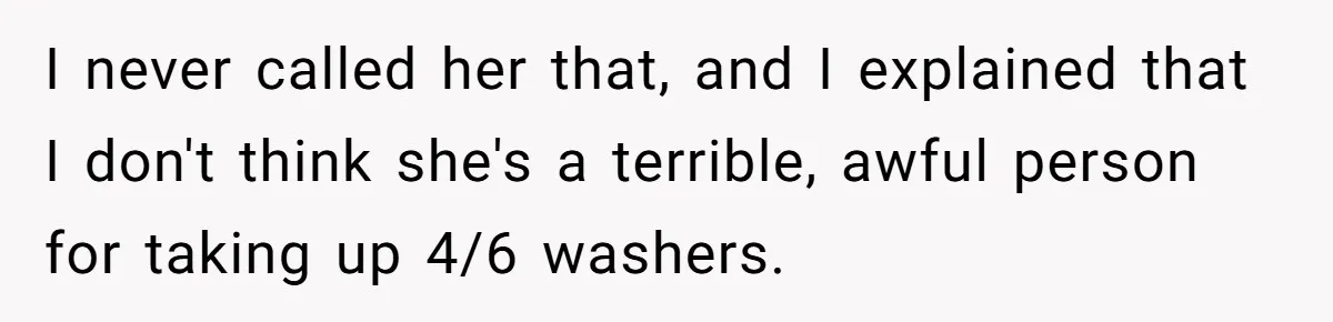 I never called her that, and I explained that I don't think she's a terrible, awful person for taking up 4/6 washers.