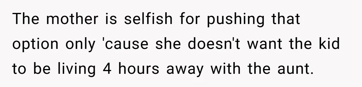 The mother is selfish for pushing that option only 'cause she doesn't want the kid to be living 4 hours away with the aunt.