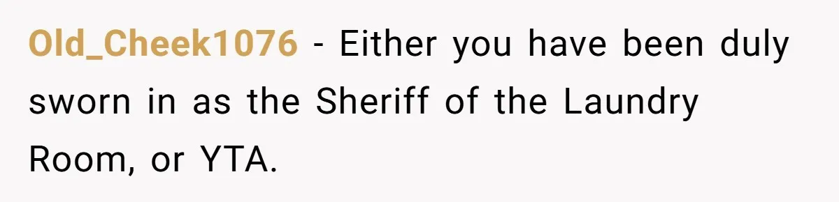 Old_Cheek1076 − Either you have been duly sworn in as the Sheriff of the Laundry Room, or YTA.