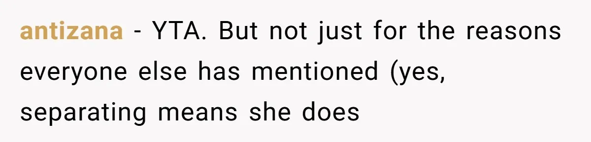 antizana − YTA. But not just for the reasons everyone else has mentioned (yes, separating means she does