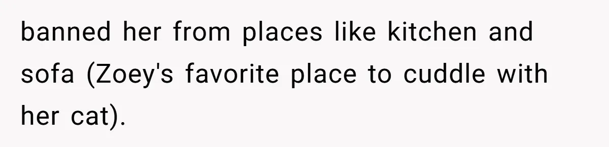 banned her from places like kitchen and sofa (Zoey's favorite place to cuddle with her cat).