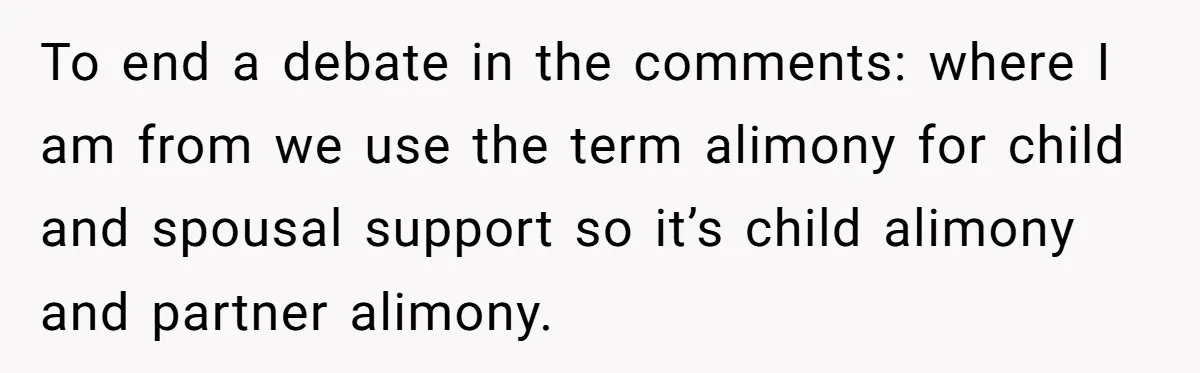 To end a debate in the comments: where I am from we use the term alimony for child and spousal support so it’s child alimony and partner alimony.
