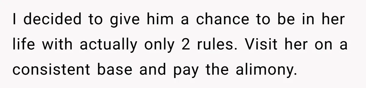 I decided to give him a chance to be in her life with actually only 2 rules. Visit her on a consistent base and pay the alimony.