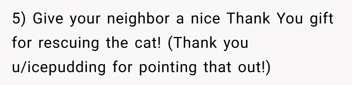 5) Give your neighbor a nice Thank You gift for rescuing the cat! (Thank you u/icepudding for pointing that out!)
