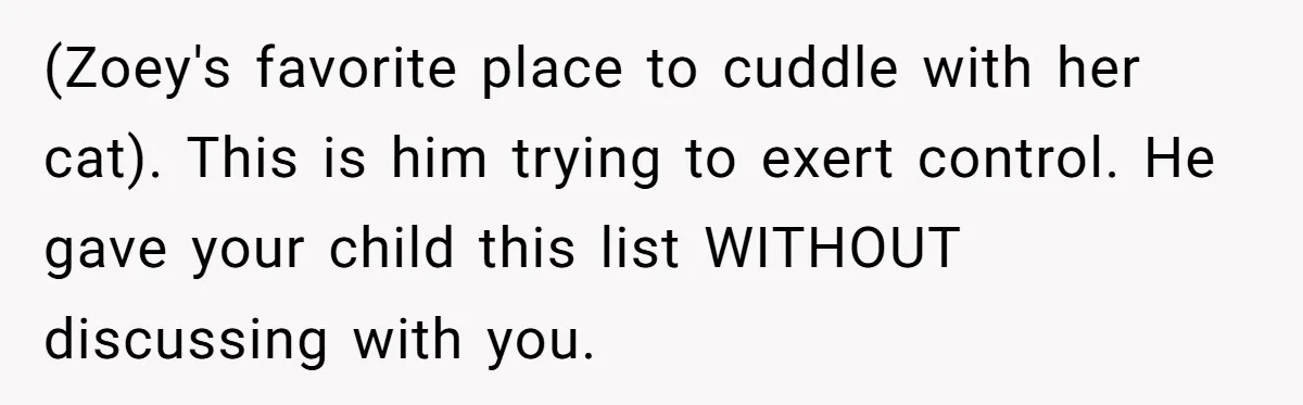 (Zoey's favorite place to cuddle with her cat). This is him trying to exert control. He gave your child this list WITHOUT discussing with you.