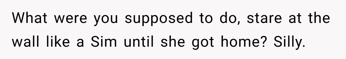 What were you supposed to do, stare at the wall like a Sim until she got home? Silly.