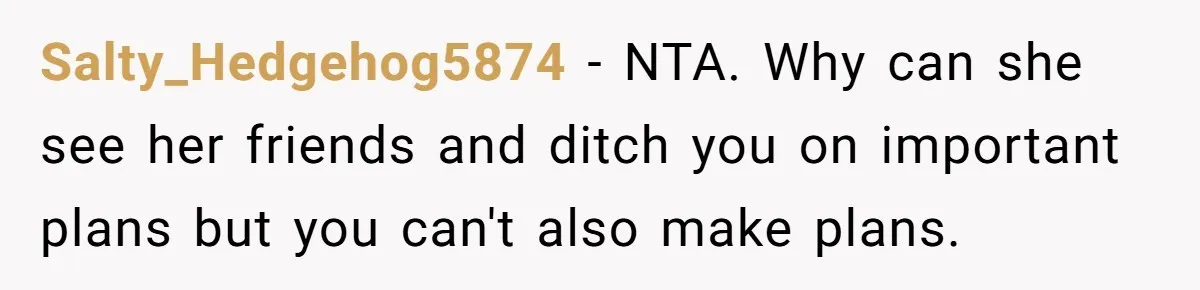 Salty_Hedgehog5874 − NTA. Why can she see her friends and ditch you on important plans but you can't also make plans.
