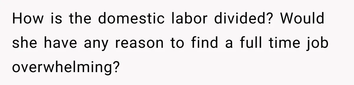 How is the domestic labor divided? Would she have any reason to find a full time job overwhelming?