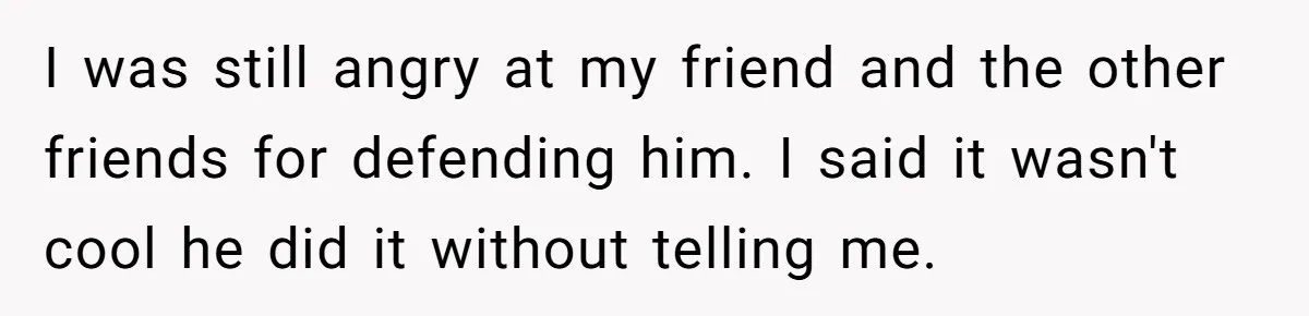 I was still angry at my friend and the other friends for defending him. I said it wasn't cool he did it without telling me.