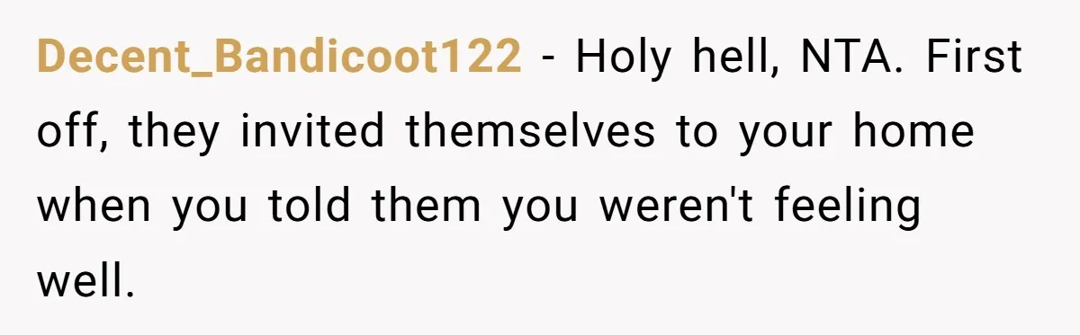 Decent_Bandicoot122 − Holy hell, NTA. First off, they invited themselves to your home when you told them you weren't feeling well.