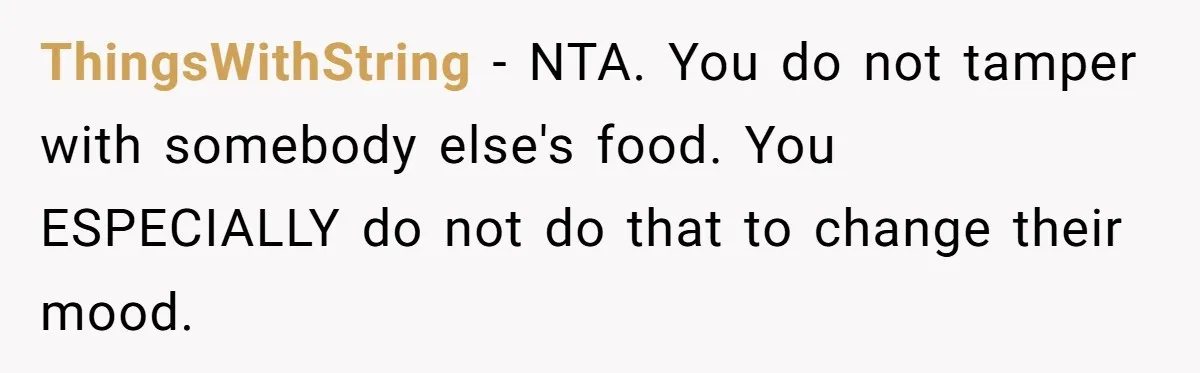 ThingsWithString − NTA. You do not tamper with somebody else's food. You ESPECIALLY do not do that to change their mood.