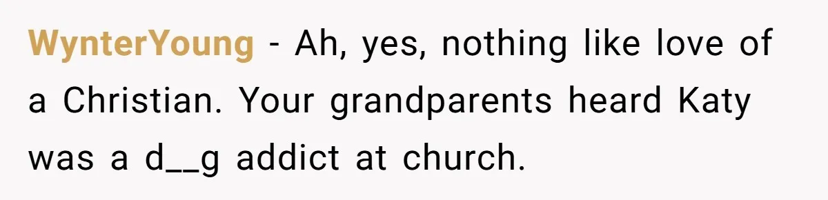 Teen Skips Grandparents' Lavish Birthday Dinner Because They Exclude One Important Loving Person WynterYoung − Ah, yes, nothing like love of a Christian. Your grandparents heard Katy was a d__g addict at church.
