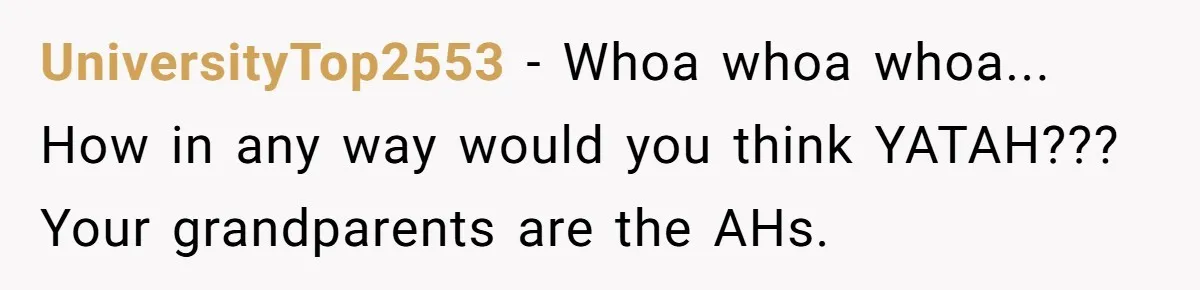 Teen Skips Grandparents' Lavish Birthday Dinner Because They Exclude One Important Loving Person UniversityTop2553 − Whoa whoa whoa... How in any way would you think YATAH??? Your grandparents are the AHs.