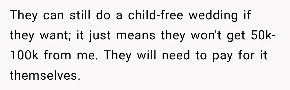 They can still do a child-free wedding if they want; it just means they won't get 50k-100k from me. They will need to pay for it themselves.