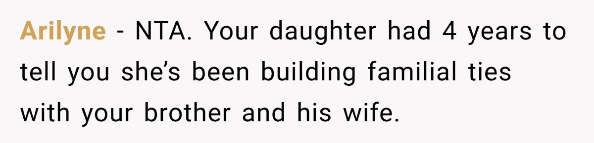 Arilyne − NTA. Your daughter had 4 years to tell you she’s been building familial ties with your brother and his wife.