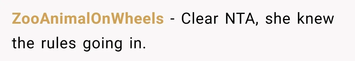 ZooAnimalOnWheels − Clear NTA, she knew the rules going in.