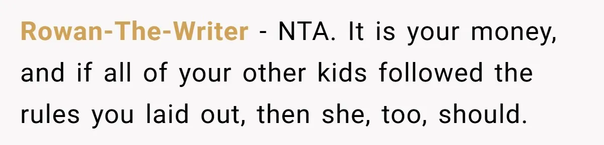 Rowan-The-Writer − NTA. It is your money, and if all of your other kids followed the rules you laid out, then she, too, should.