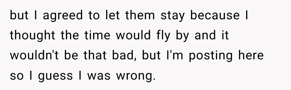 but I agreed to let them stay because I thought the time would fly by and it wouldn't be that bad, but I'm posting here so I guess I was...