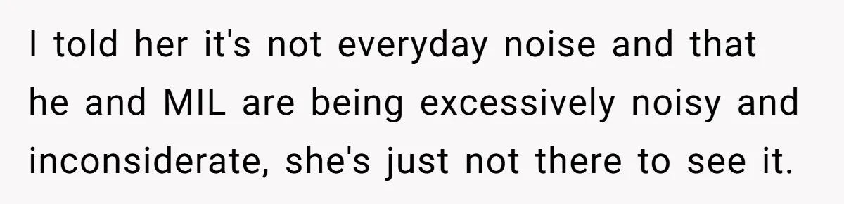 I told her it's not everyday noise and that he and MIL are being excessively noisy and inconsiderate, she's just not there to see it.