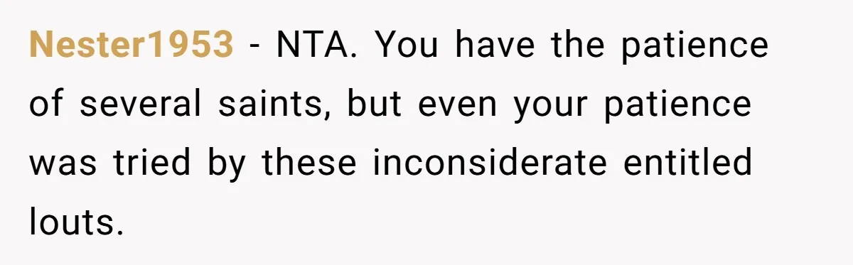 Nester1953 − NTA. You have the patience of several saints, but even your patience was tried by these inconsiderate entitled louts.