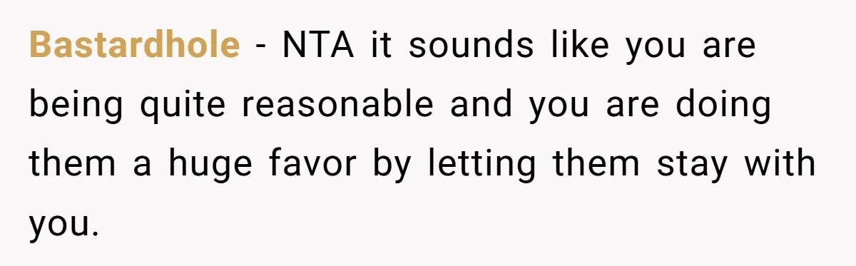 Bastardhole − NTA it sounds like you are being quite reasonable and you are doing them a huge favor by letting them stay with you.