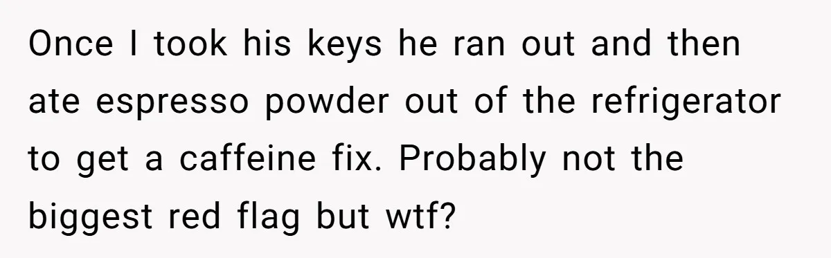 Once I took his keys he ran out and then ate espresso powder out of the refrigerator to get a caffeine fix. Probably not the biggest red flag but wtf?