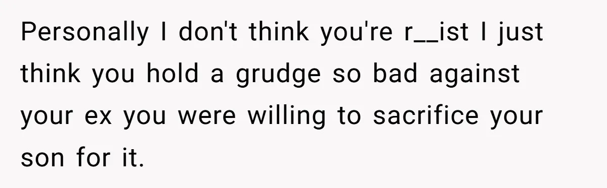 Personally I don't think you're r__ist I just think you hold a grudge so bad against your ex you were willing to sacrifice your son for it.