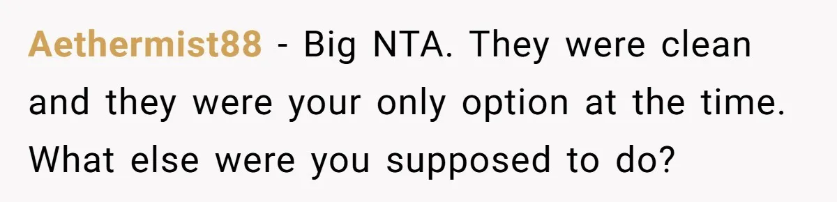 Aethermist88 − Big NTA. They were clean and they were your only option at the time. What else were you supposed to do?