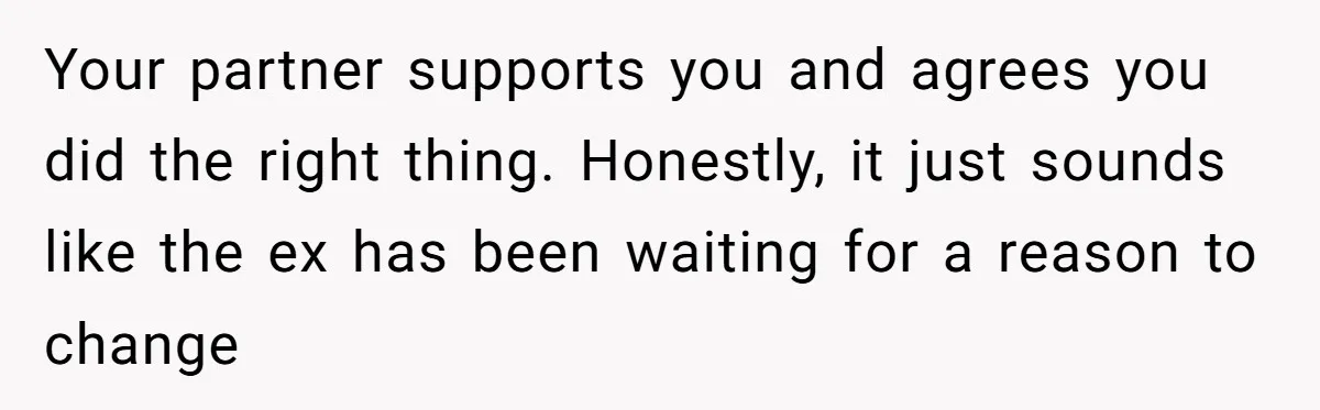 Your partner supports you and agrees you did the right thing. Honestly, it just sounds like the ex has been waiting for a reason to change