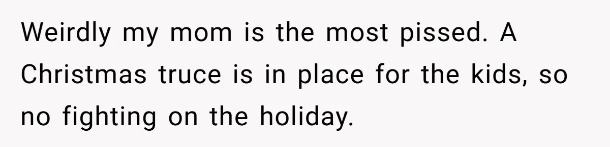 Weirdly my mom is the most pissed. A Christmas truce is in place for the kids, so no fighting on the holiday.
