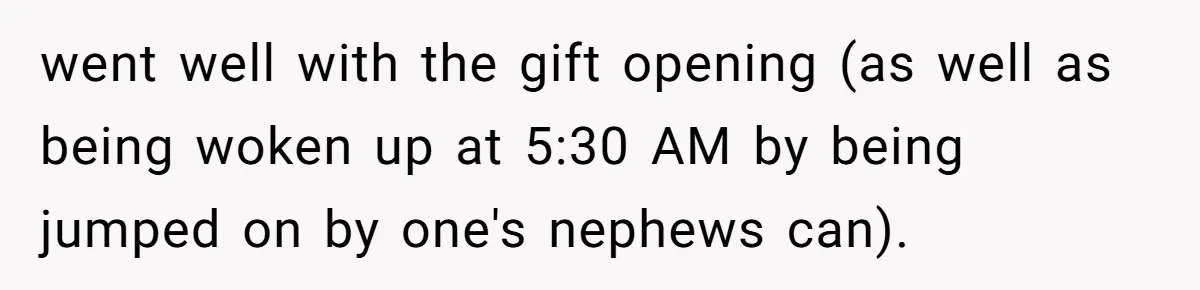 went well with the gift opening (as well as being woken up at 5:30 AM by being jumped on by one's nephews can).