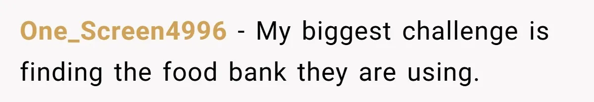 One_Screen4996 − My biggest challenge is finding the food bank they are using.