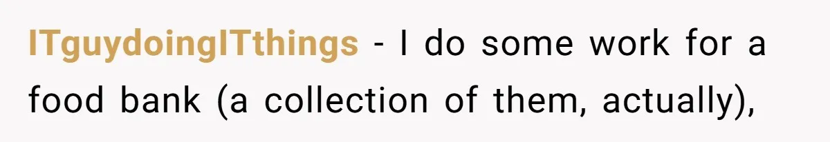 ITguydoingITthings − I do some work for a food bank (a collection of them, actually),