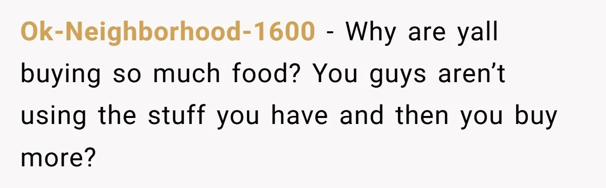 Ok-Neighborhood-1600 − Why are yall buying so much food? You guys aren’t using the stuff you have and then you buy more?
