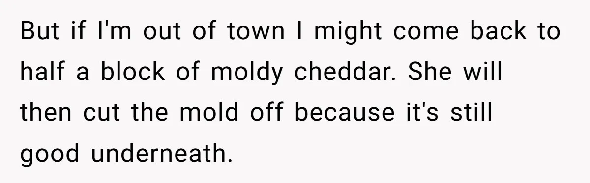 But if I'm out of town I might come back to half a block of moldy cheddar. She will then cut the mold off because it's still good underneath.