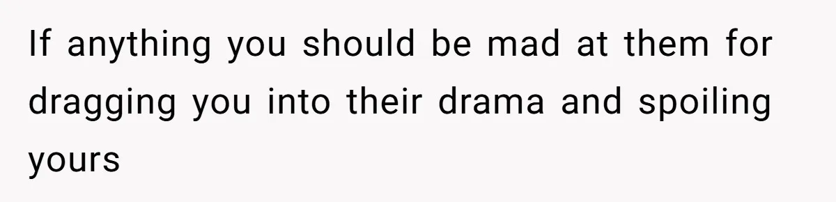 If anything you should be mad at them for dragging you into their drama and spoiling yours
