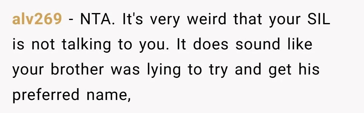 alv269 − NTA. It's very weird that your SIL is not talking to you. It does sound like your brother was lying to try and get his preferred name,