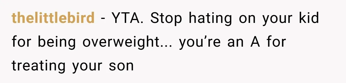 thelittlebird − YTA. Stop hating on your kid for being overweight... you’re an A for treating your son