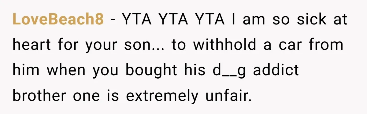 LoveBeach8 − YTA YTA YTA I am so sick at heart for your son... to withhold a car from him when you bought his d__g addict brother one is extremely...