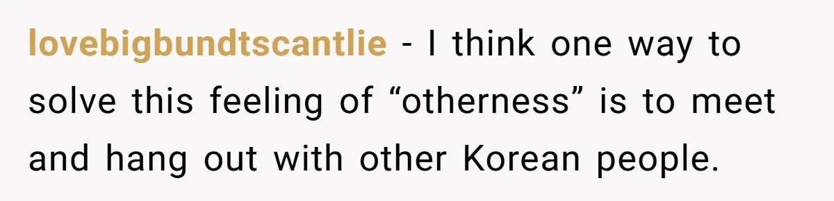lovebigbundtscantlie − I think one way to solve this feeling of “otherness” is to meet and hang out with other Korean people.