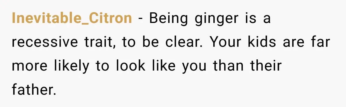 Inevitable_Citron − Being ginger is a recessive trait, to be clear. Your kids are far more likely to look like you than their father.