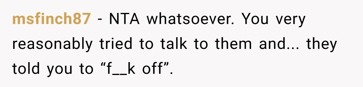 msfinch87 − NTA whatsoever. You very reasonably tried to talk to them and... they told you to “f__k off”.